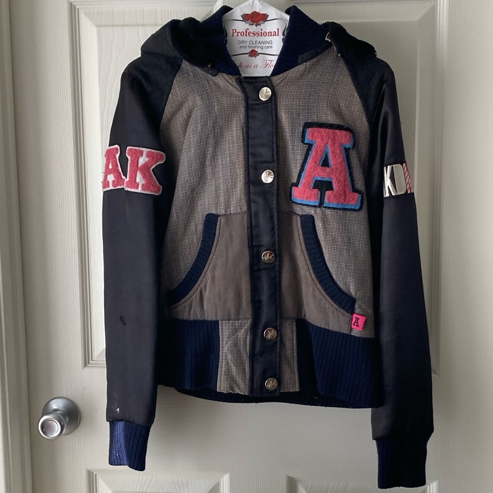 AKADEMIKS Vintage Hooded Varsity Jacket Size M Black Gray Pink